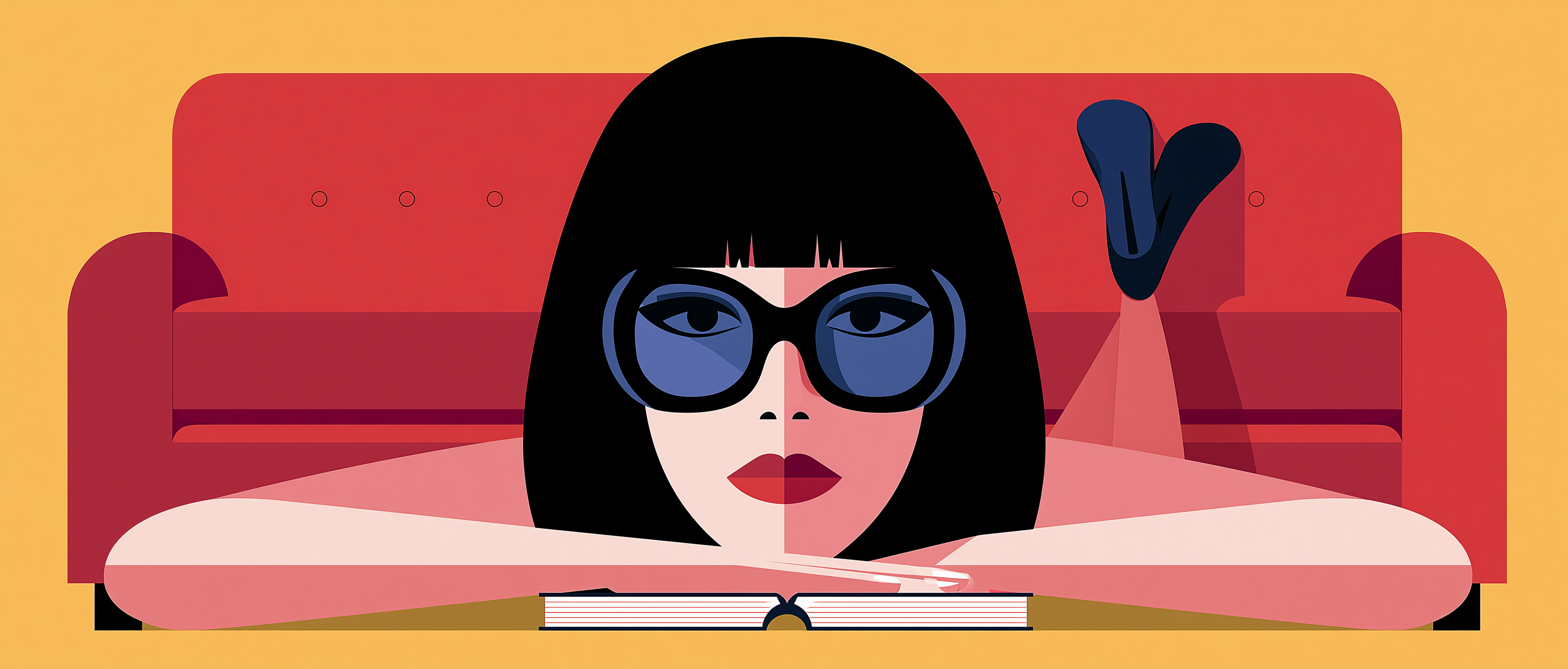 Illustration of a student reading a book on a red sofa